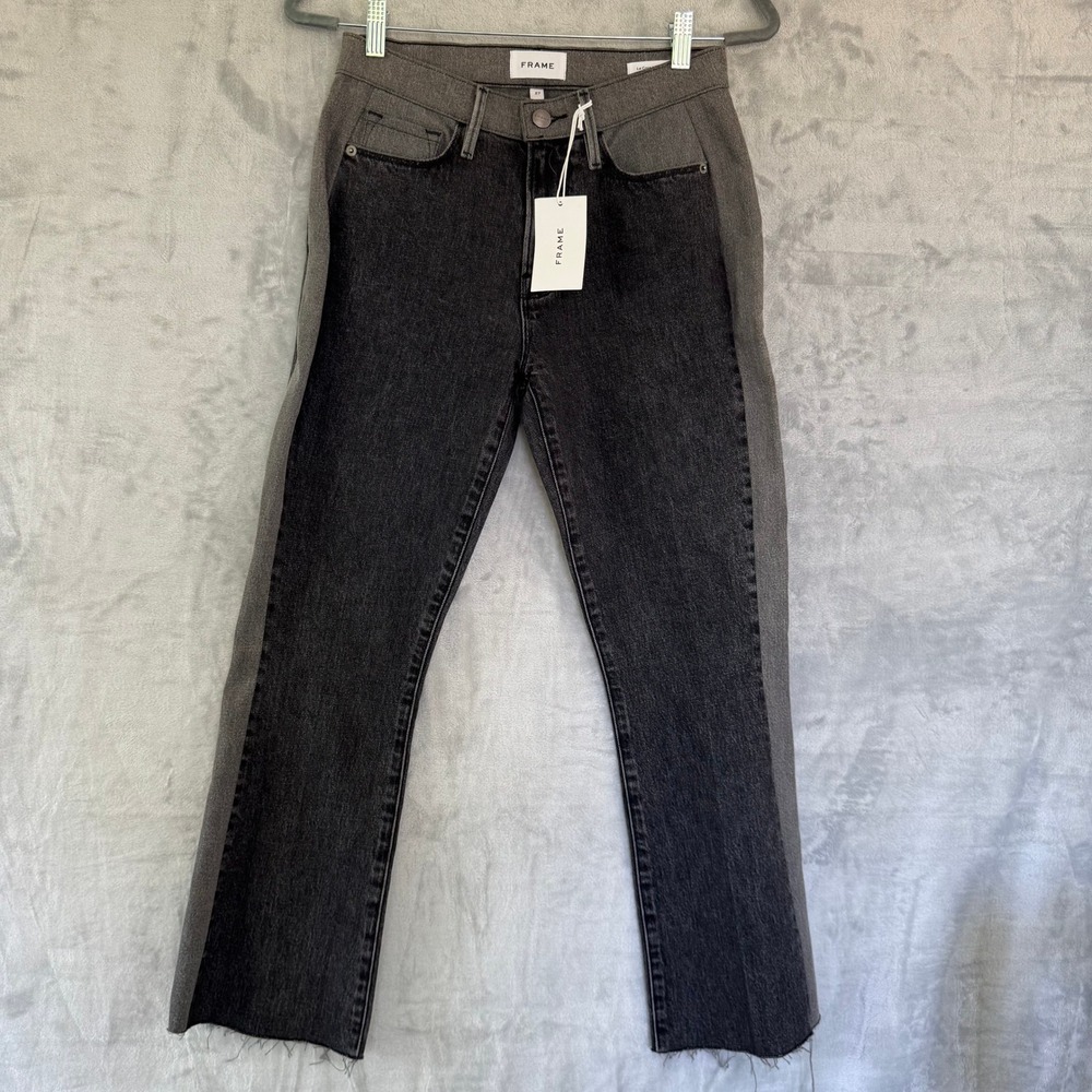 FRAME Le Pixie Crop Mini Boot Colorblock Jeans Silverwood Duo Grey Black Size 27